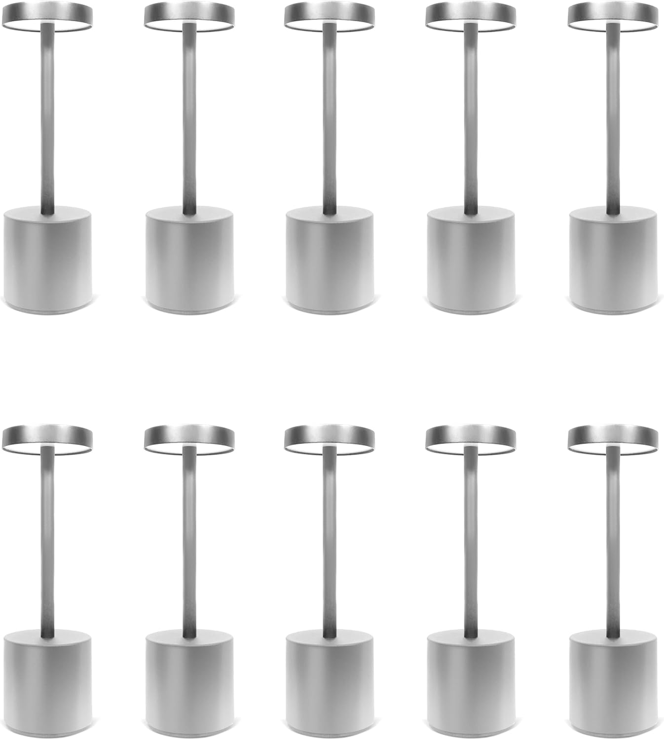 10 Pack - Silver Rechargeable Cordless Table Lamps, Portable LED Desk Lamps, Dimming 5000mAh Rechargeable Battery Powered LED Lighting for Restaurant,Bar, Bedroom, Outdoor, Party