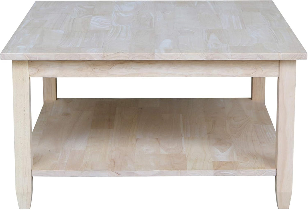 IC International Concepts, Solano Square Coffee Table, Solid Real Wood, Sturdy Parawood, Living Room/Family Room/Entryway, 32'W x 32'D x 18'H with Shelf, Paint/Stain Ready, Unfinished