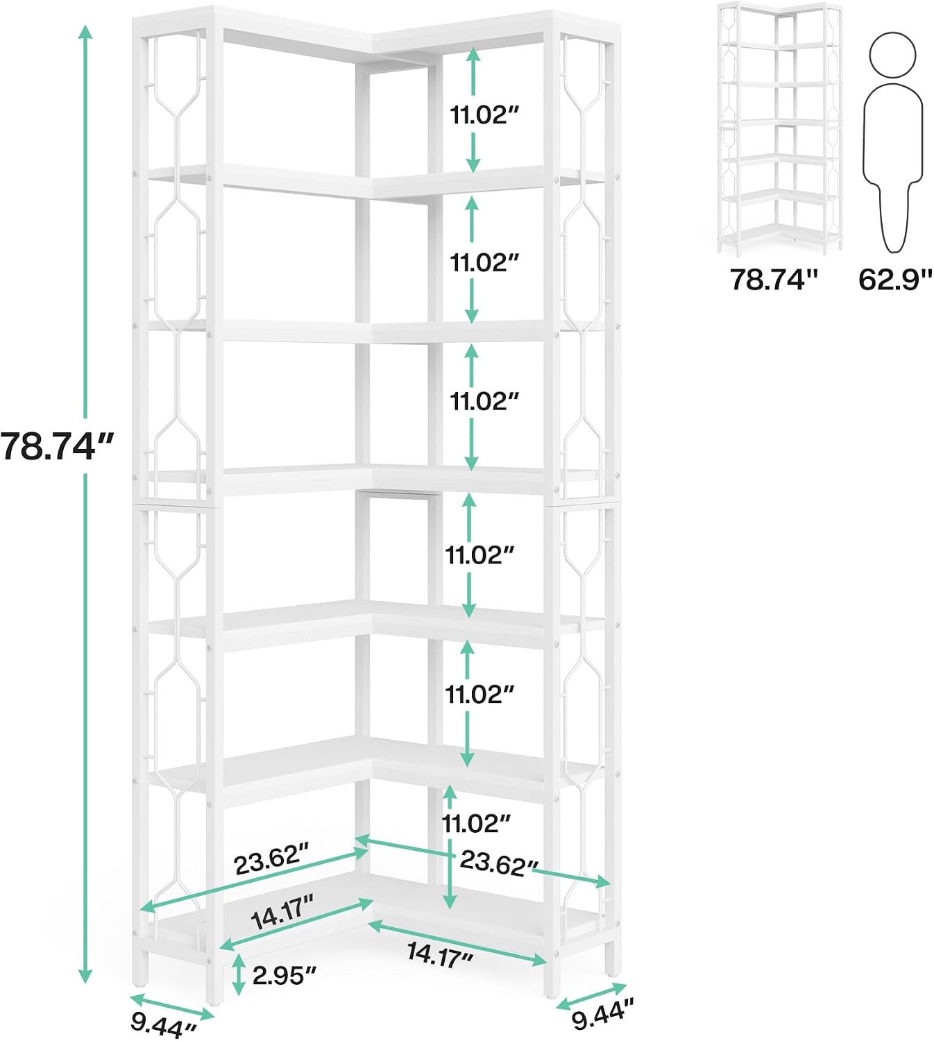 Tribesigns 7-Tier Corner Shelf, 78.7' Tall Bookshelf with Storage, Corner Bookshelf and Bookcase, Industrial Display Shelf, Large Bookcase for Living Room, Bed Room, Home Office (White)