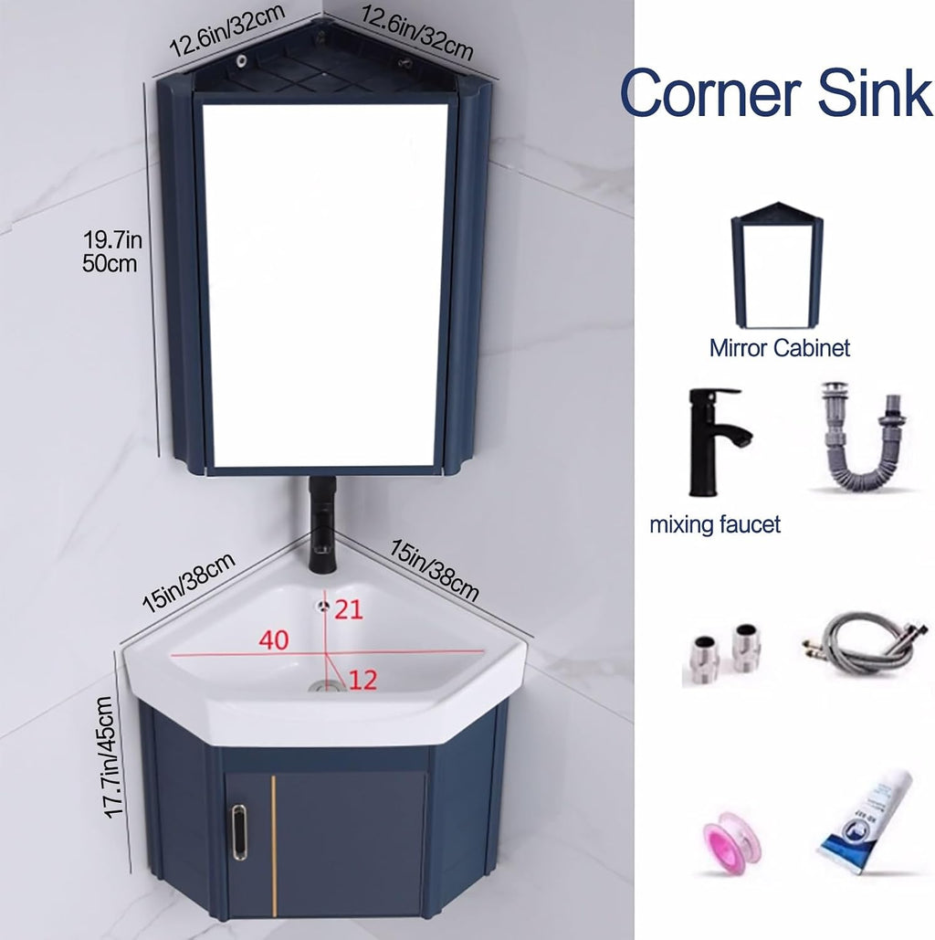 Corner Ceramic Sink Bathroom Vanity Cabinet Corner Wall Mount Bathroom Sink Wall Mounted Bathroom Sink Bathroom Sink with Storage Container Cabinet with Mirror(Blue,15in/38cm)