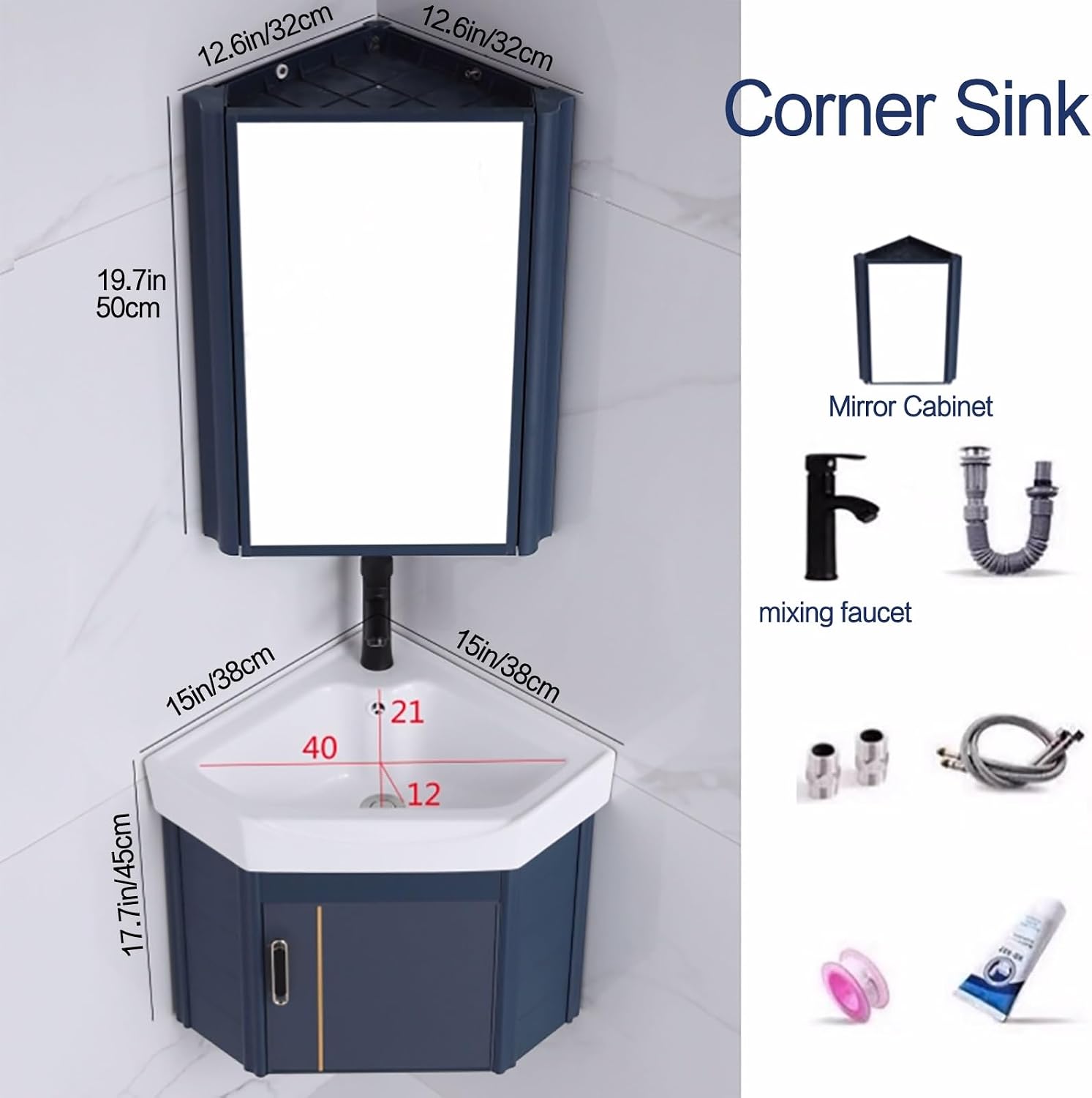 Corner Ceramic Sink Bathroom Vanity Cabinet Corner Wall Mount Bathroom Sink Wall Mounted Bathroom Sink Bathroom Sink with Storage Container Cabinet with Mirror(Blue,15in/38cm)