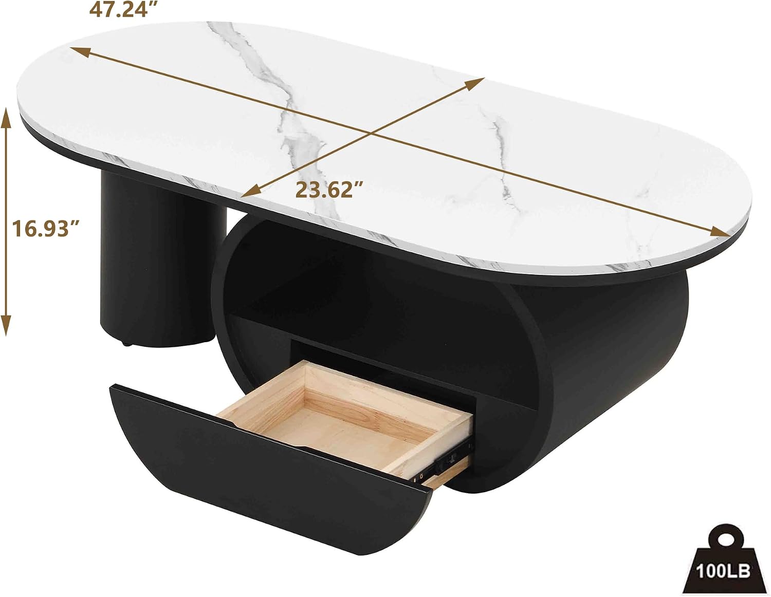 Luxury Faux Marble Oval Coffee Table, 47'' Modern Living Room Table with Storage Drawer, Wooden White MDF Top & Black Metal Base, Large Center Tables for Home Apartment