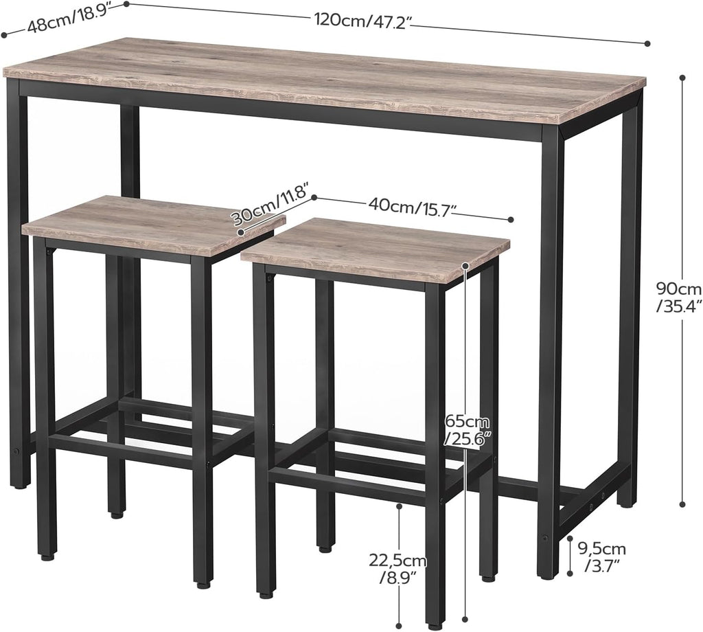 HOOBRO Bar Table and Chairs Set, 47.2' Rectangular Pub Table with 2 Stools for Small Space, High Top Table, 3-Piece Breakfast Set, Sturdy Metal Frame, Easy to Assemble, Greige BG52BT01