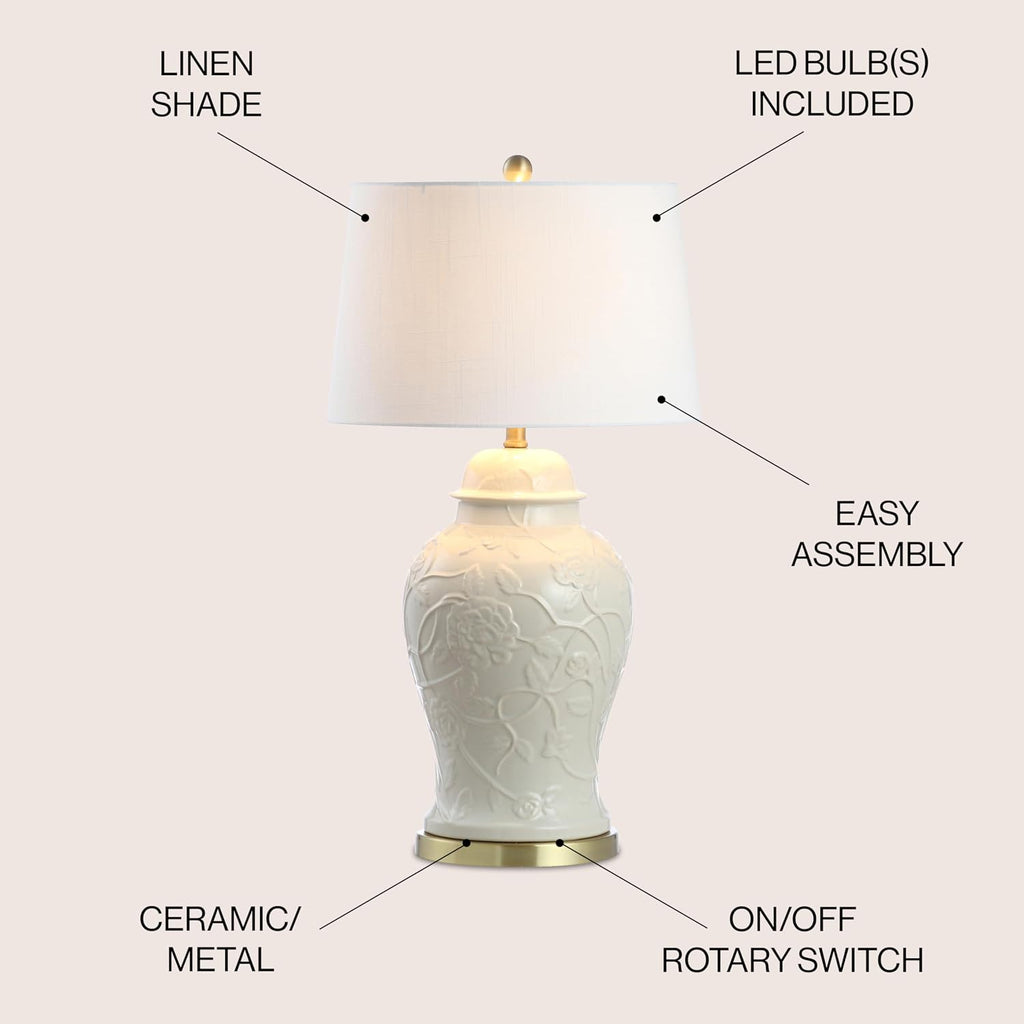 JONATHAN Y 29.5' Cream Ceramic Chinoiserie Table Lamp, Traditional Ginger Jar Lamp for Living Room Bedroom, White Linen Empire Shade, Brass Gold Base, LED Bulb Included JYL6604A