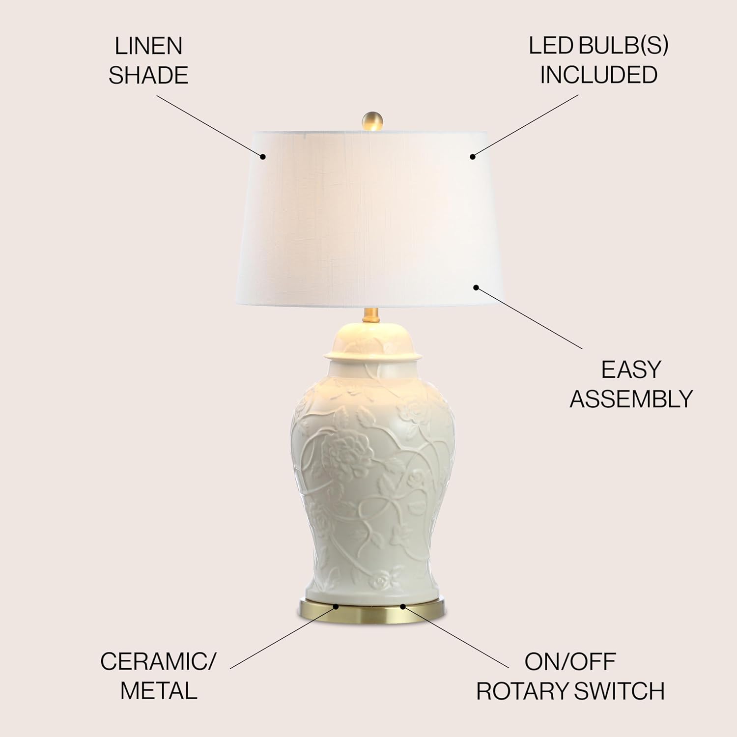 JONATHAN Y 29.5' Cream Ceramic Chinoiserie Table Lamp, Traditional Ginger Jar Lamp for Living Room Bedroom, White Linen Empire Shade, Brass Gold Base, LED Bulb Included JYL6604A