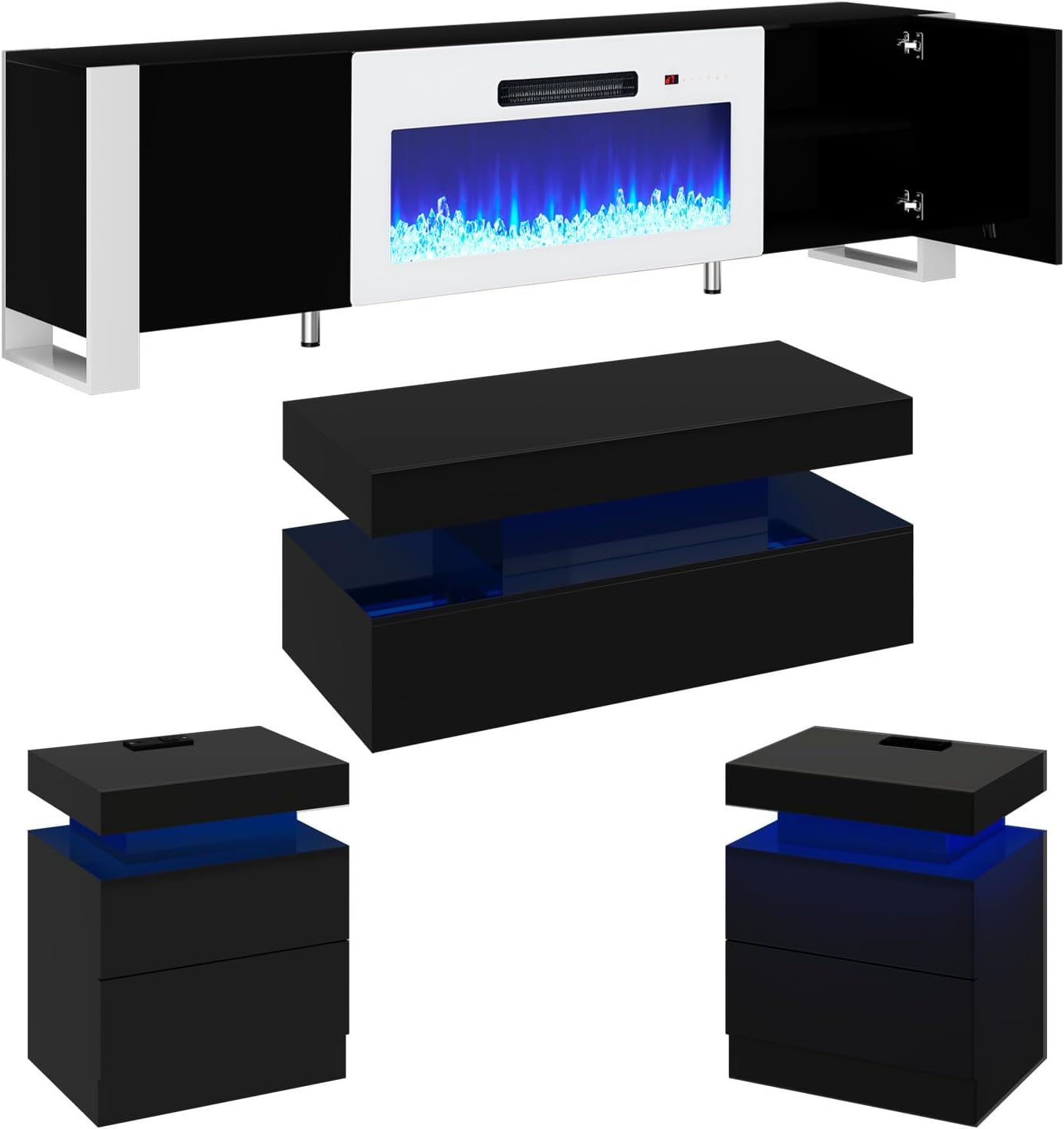 VanAcc 4-Piece Living Room Table Set, 80' Fireplace TV Stand with High Gloss Doors, Modern Coffee Table, LED Light End Table,High Glossy Table Sets for Living Room, Black & White