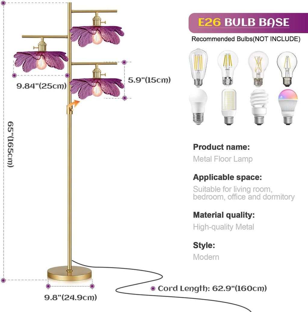 65' Gold Dimmable Floor Lamp, 3-Light Standing Lamp with Purple Flower Glass Shade, Vintage Tall Floor Lamp for Living Room Bedroom Corner Study Office Home