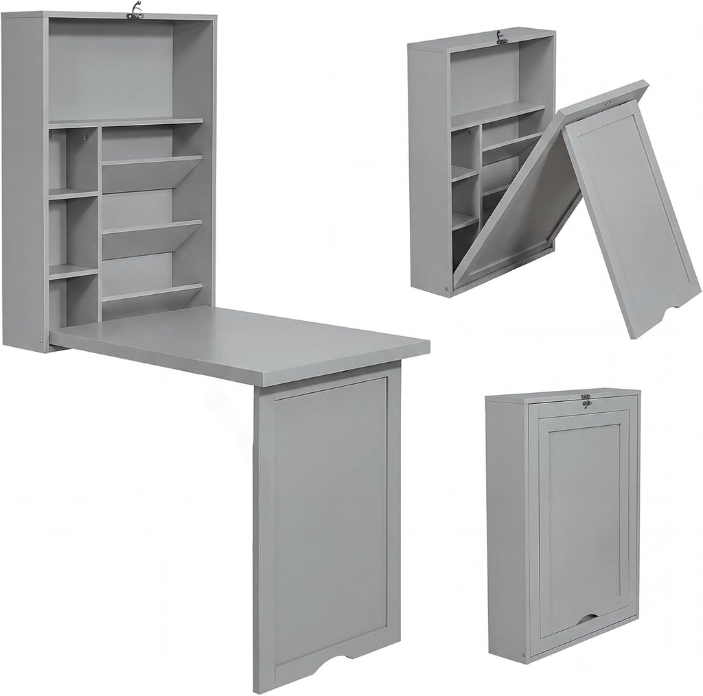 Tangkula Folding Wall Mounted Desk, Convertible Fold Out Floating Table with Storage Shelves, Space-Saving Drop Leaf Table, Murphy Desk for Craft, Study, Small Spaces, Home Office, Dorm, Grey