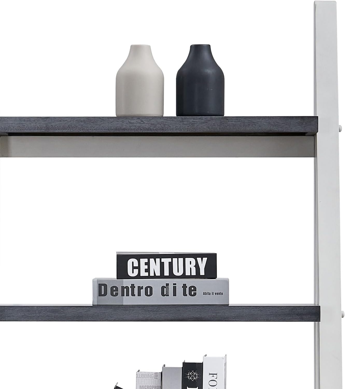 Ladder Shelf, 5-Tier Bookshelf Bookcase, Freestanding Corner Storage Shelves with Wood Frame for Home Office, Living Room, Kitchen, Bedroom, Grey+White
