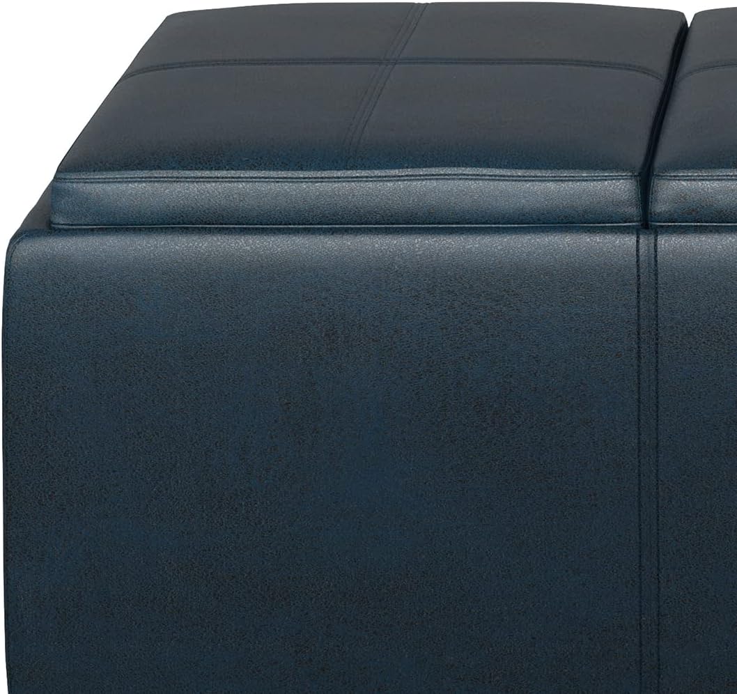 SIMPLIHOME Avalon Storage Ottoman - 42 inch Wide Upholstered Vegan Leather Rectangular Flip-Top Ottoman in Distressed Dark Blue, Contemporary Coffee Table Ottoman for Living Room with Hidden Storage