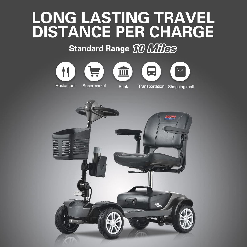Metro Mobility 4 Wheel Powered Mobility Scooters for Seniors - 300 lbs Capacity Electric Scooter with Seat for Adults, Travel - Long Range Power Extended Battery & Comfortable Larger Legroom - Grey