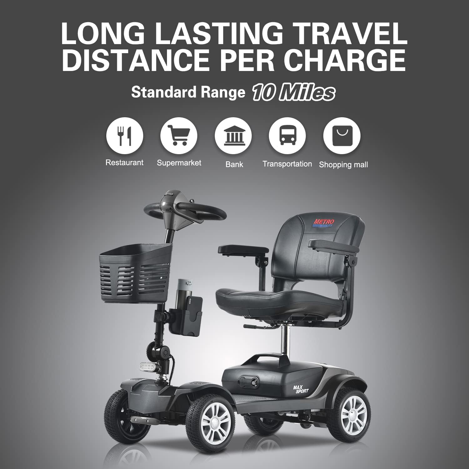 Metro Mobility 4 Wheel Powered Mobility Scooters for Seniors - 300 lbs Capacity Electric Scooter with Seat for Adults, Travel - Long Range Power Extended Battery & Comfortable Larger Legroom - Grey