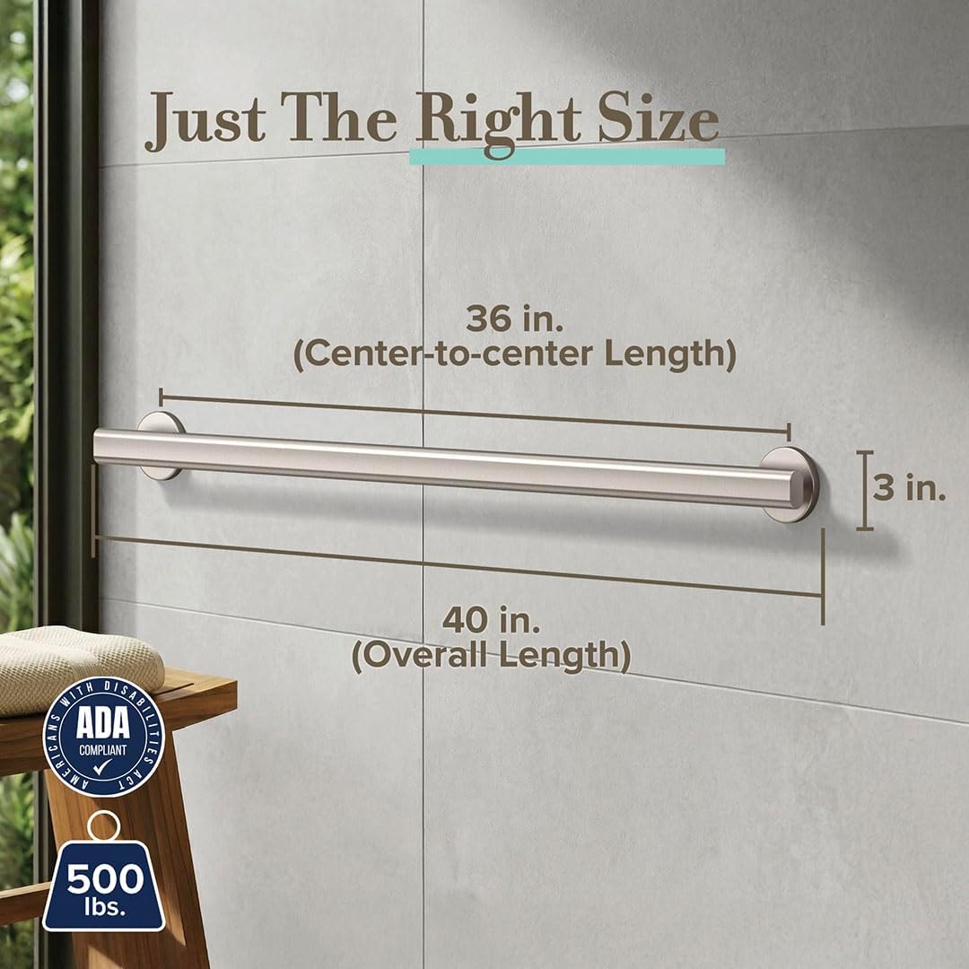 Gatco 674SN Nouveau Grab Bar, 36 Inch ADA Compliant Bathroom Safety Grab Handle for Shower & Bathtub, Stainless Steel, Satin Nickel