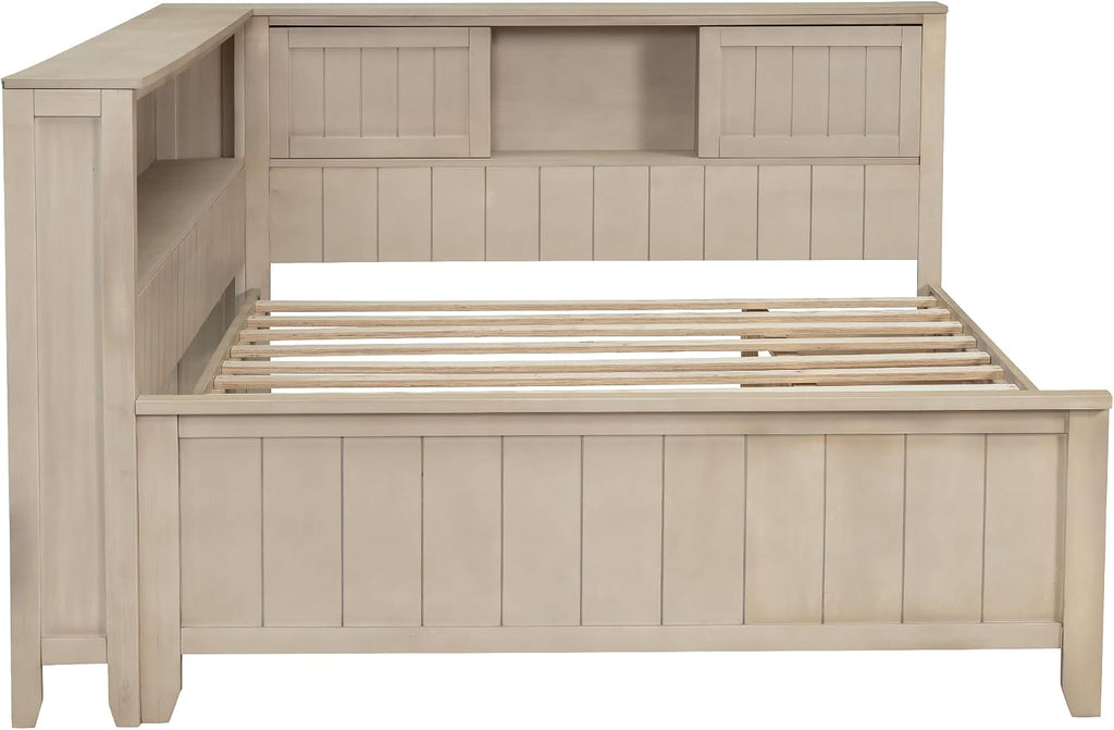 Wood Full Size Corner Bed Frame with Storage Shelves & 3 Drawers, Corner Bed Frame Full with 2 Sliding Doors, Farmhouse Corner Daybed for Living Room Bedroom, Antique White Milk