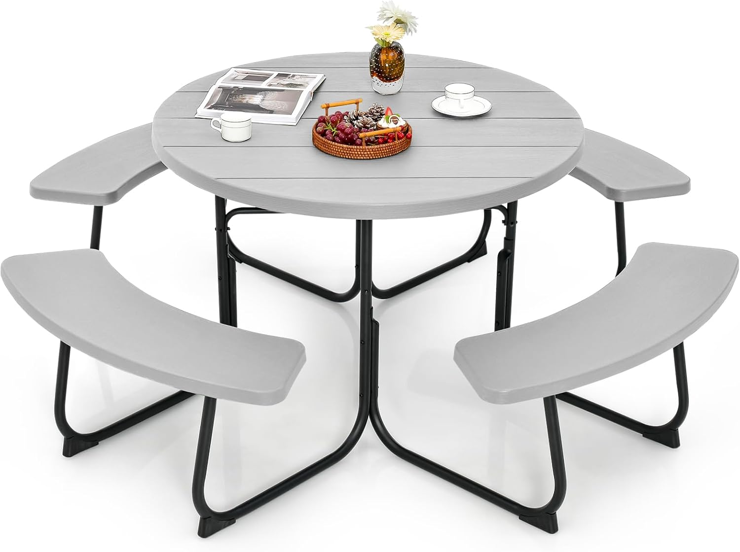 Tangkula 8 Person Picnic Table, Outdoor Round Picnic Table with 4 Built-in Benches, Umbrella Hole, Metal Frame & HDPE Tabletop, Outside Table and Bench Set for Backyard, 2300lbs Weight Capacity