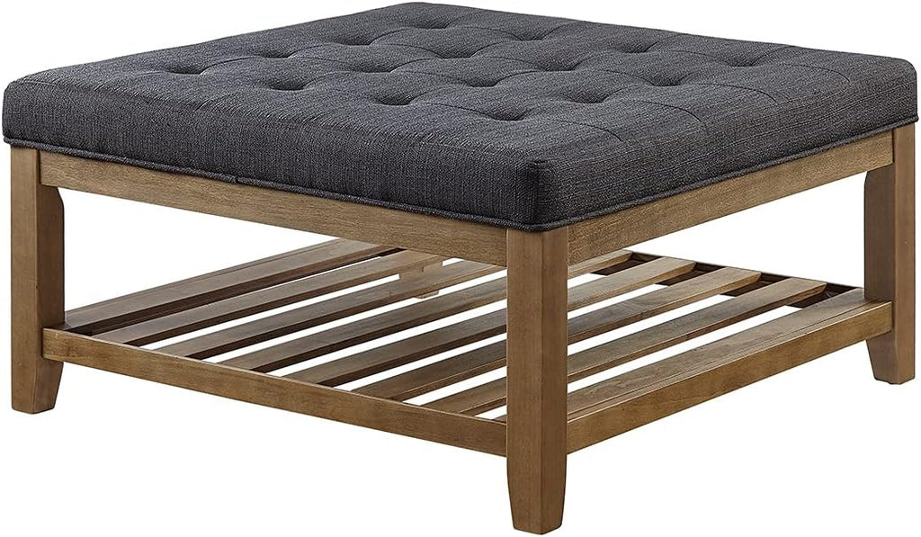 24KF Large Square Upholstered Tufted Linen Ottoman Coffee Table, Large Footrest Ottoman with Solid Wood Shelf- Charcoal
