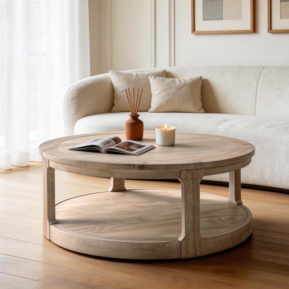 WILLIAMSPACE 40' Round Coffee Table with Wheels, Circle 2 Tier Solid Wood Center Coffee Table, Mid Century Retro Farmhouse Rounded End Table for Living Room Apartment, ø40 x 17.52' H (Oak)