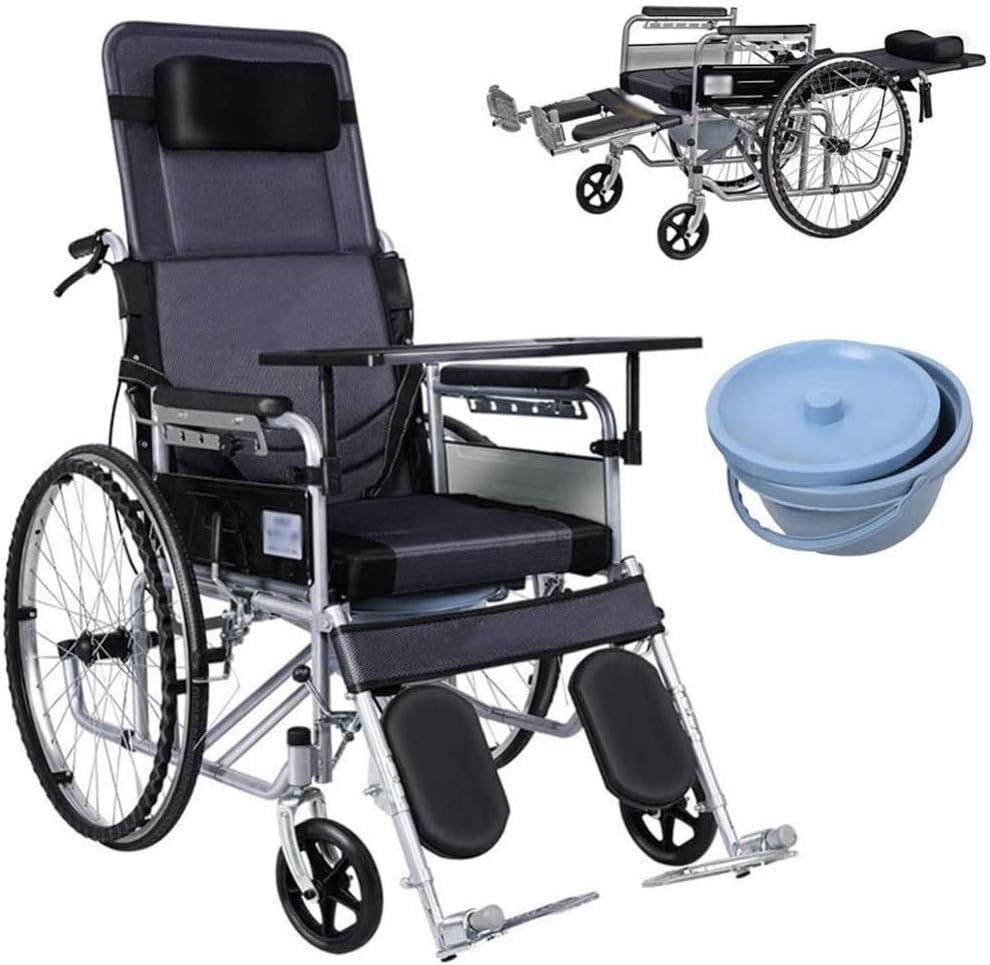 Wheelchair Self-Propelled, High Back Foldable Aluminum Alloy Manual with Dinner Board and Potty Non-Pneumatic Tire Double Brake Disabled/Elderly Push Scooter,Portable