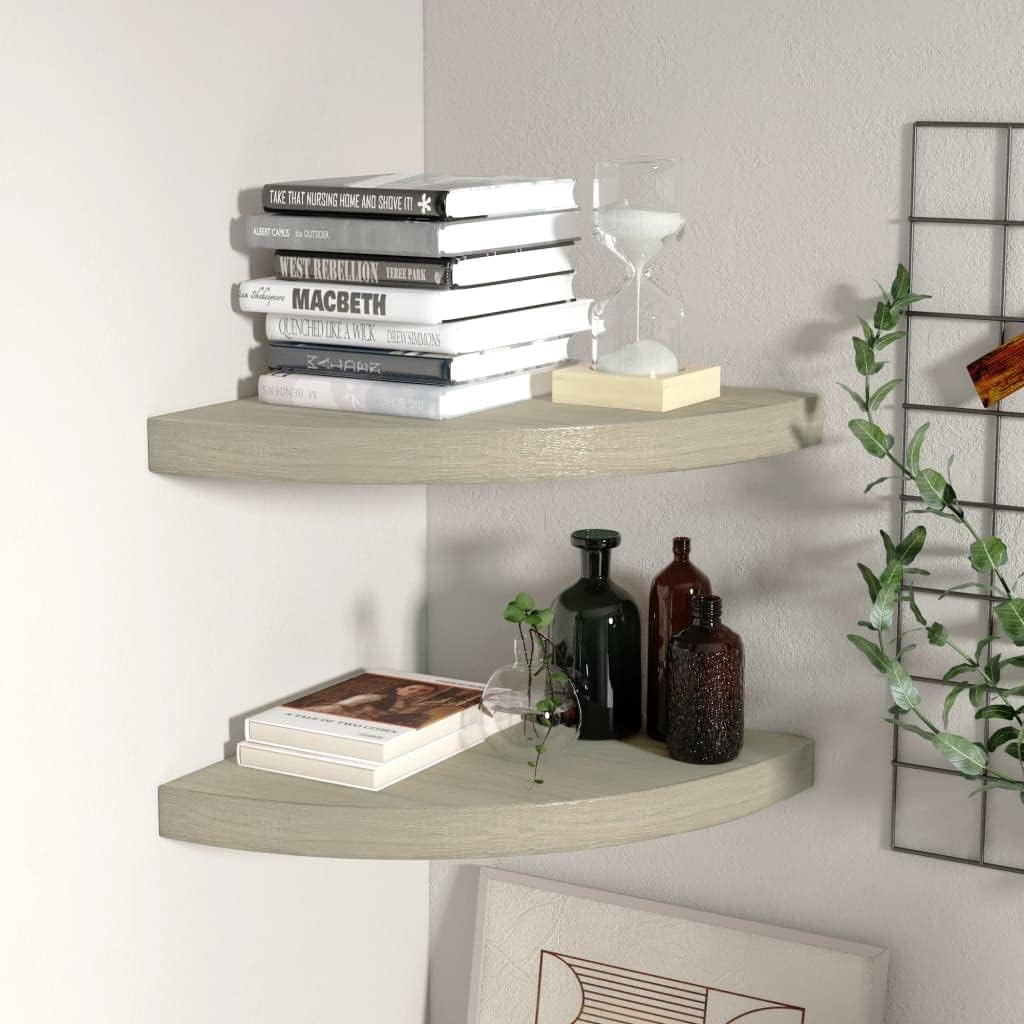 Corner Floating Shelves Wall Mounted,13.8 Inch Easy to Install Wall Corner Shelf,Wall Storage Shelves for Bedroom, Living Room, Bathroom, Kitchen, Office Concrete White (Brown 2 Pcs)