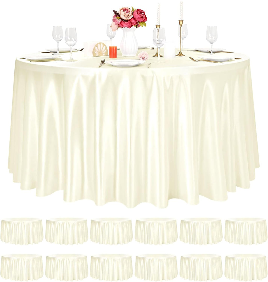 Pesonlook 12 Pack Ivory Round Tablecloth, 120 Inch Satin Fabric Table Cloth for Round Table, Wrinkle Resistant Washable Table Cover Bright Silk Table Clothes for Wedding Party Dining Table Banquet