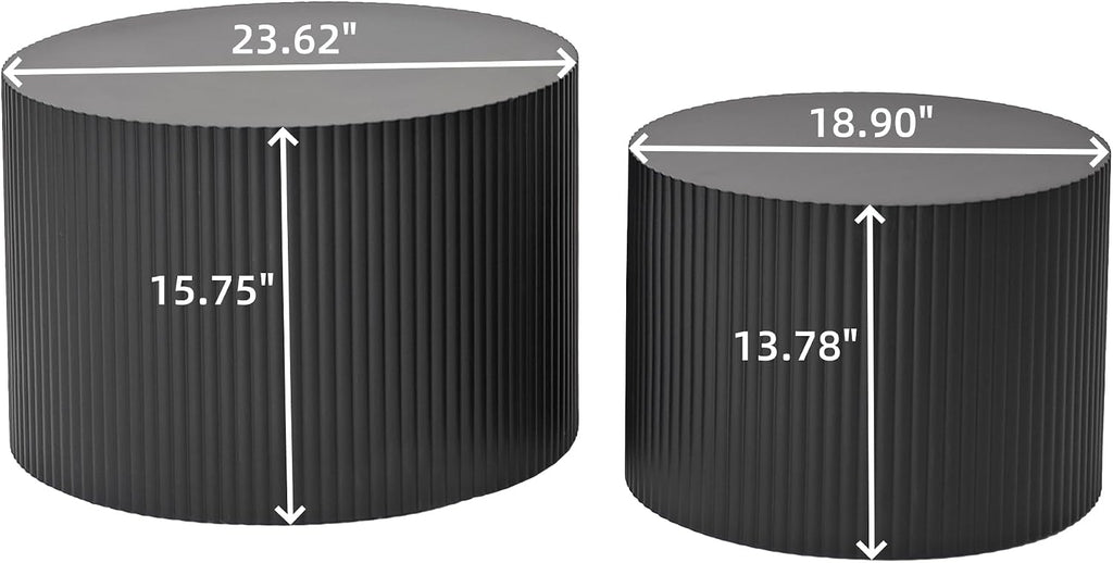 Nesting Coffee Table Set of 2, Modern Drum Side End Wave Stripe Round Coffee Table for Living Room, Bedroom, Black