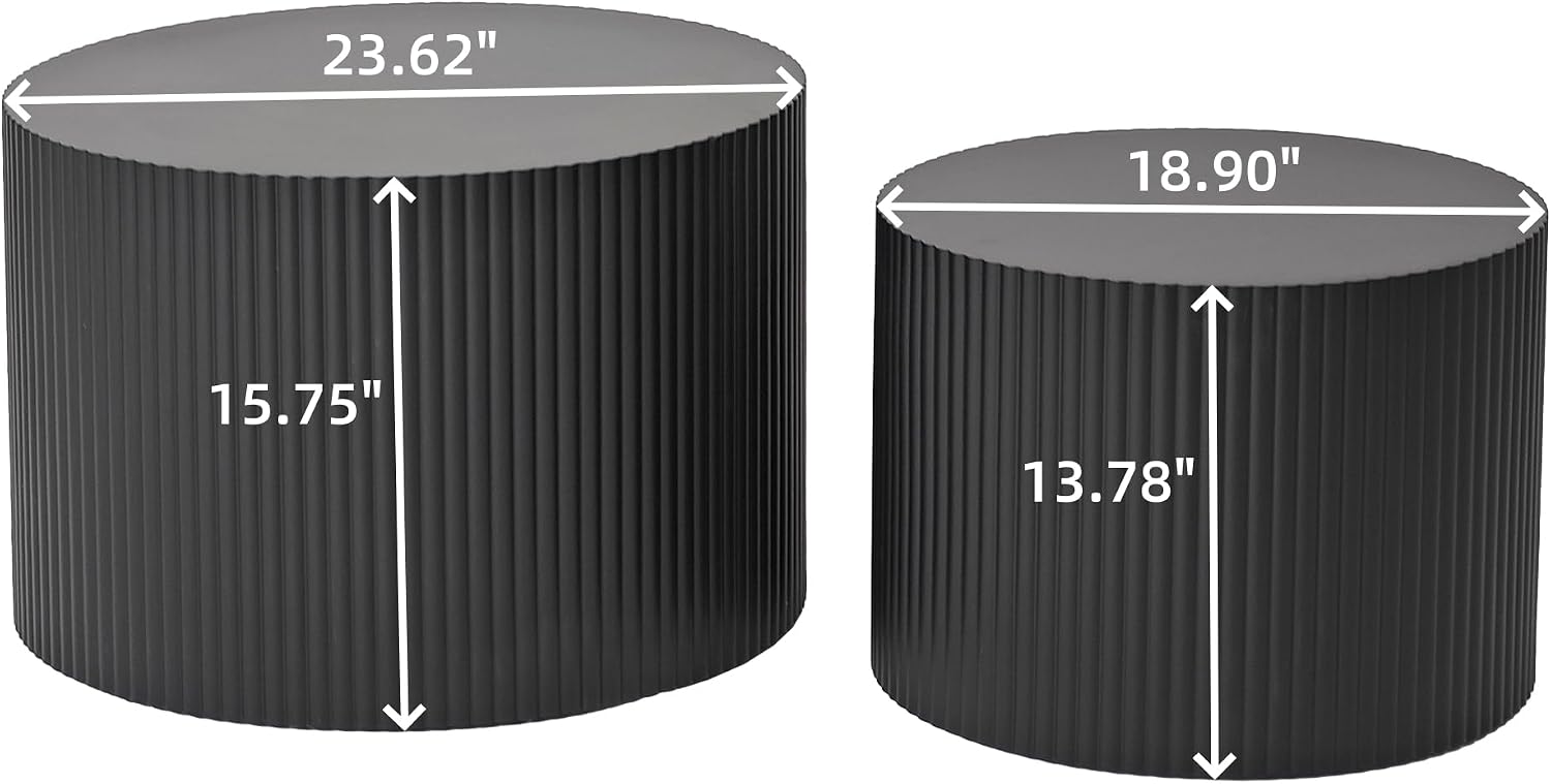 Nesting Coffee Table Set of 2, Modern Drum Side End Wave Stripe Round Coffee Table for Living Room, Bedroom, Black