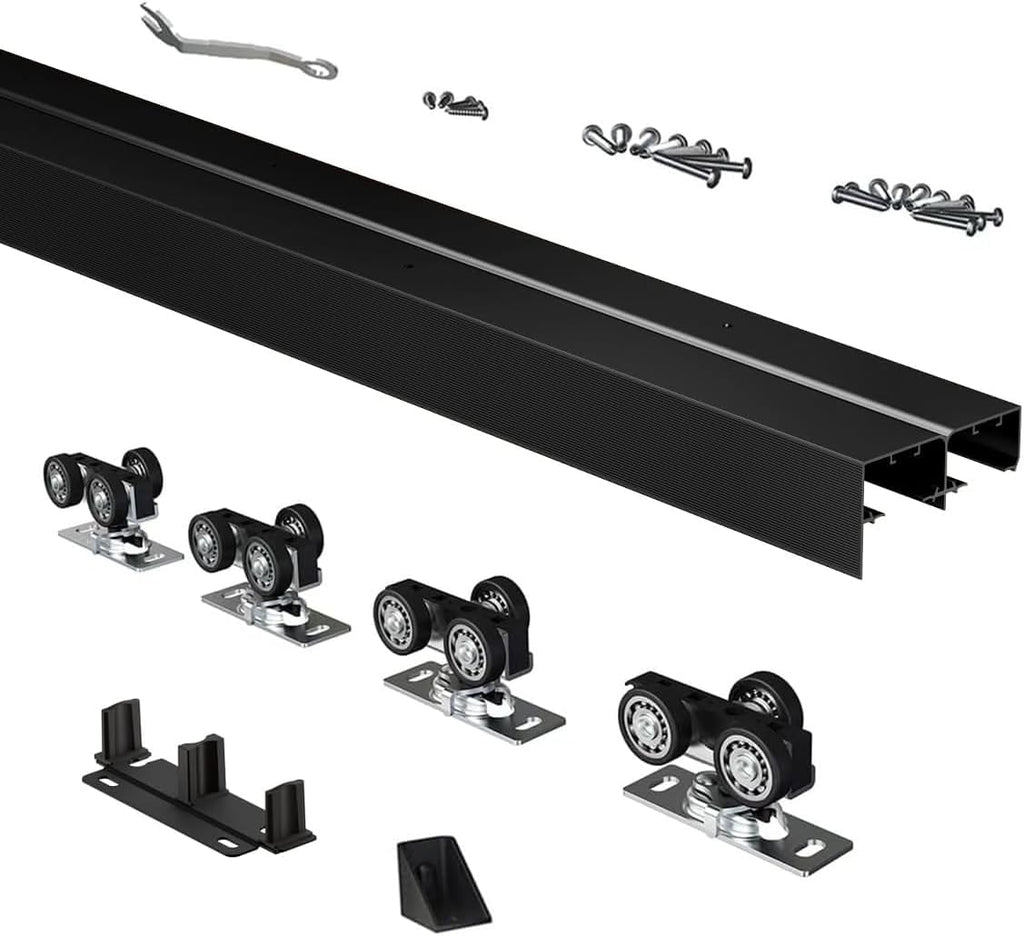Heavy Duty Bypass Sliding Closet Door Track Hardware 84', 7 FT Aluminium Pocket Door Track Rail Set, Smoothly and Quietly, for 2 Door System,Black