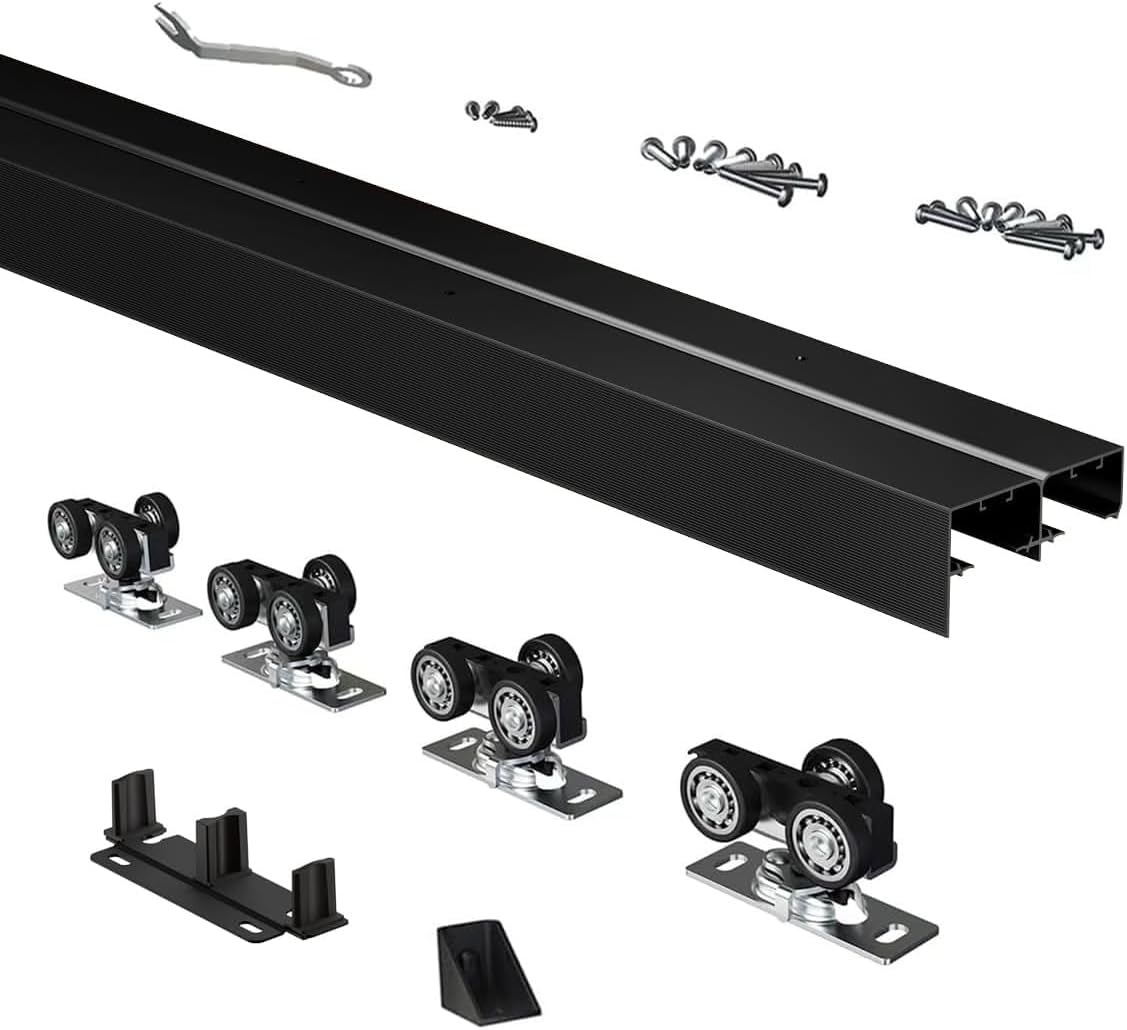 Heavy Duty Bypass Sliding Closet Door Track Hardware 84', 7 FT Aluminium Pocket Door Track Rail Set, Smoothly and Quietly, for 2 Door System,Black