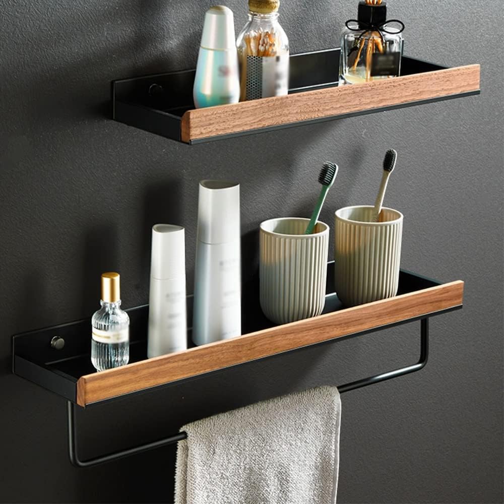 Shower Caddy Solid Wood Shower Caddy Shelf Organizer Towel Bar, Bathroom Wall Mounted Cosmetic Storage Rack Bathroom Organizer，Black 50cm with Rod