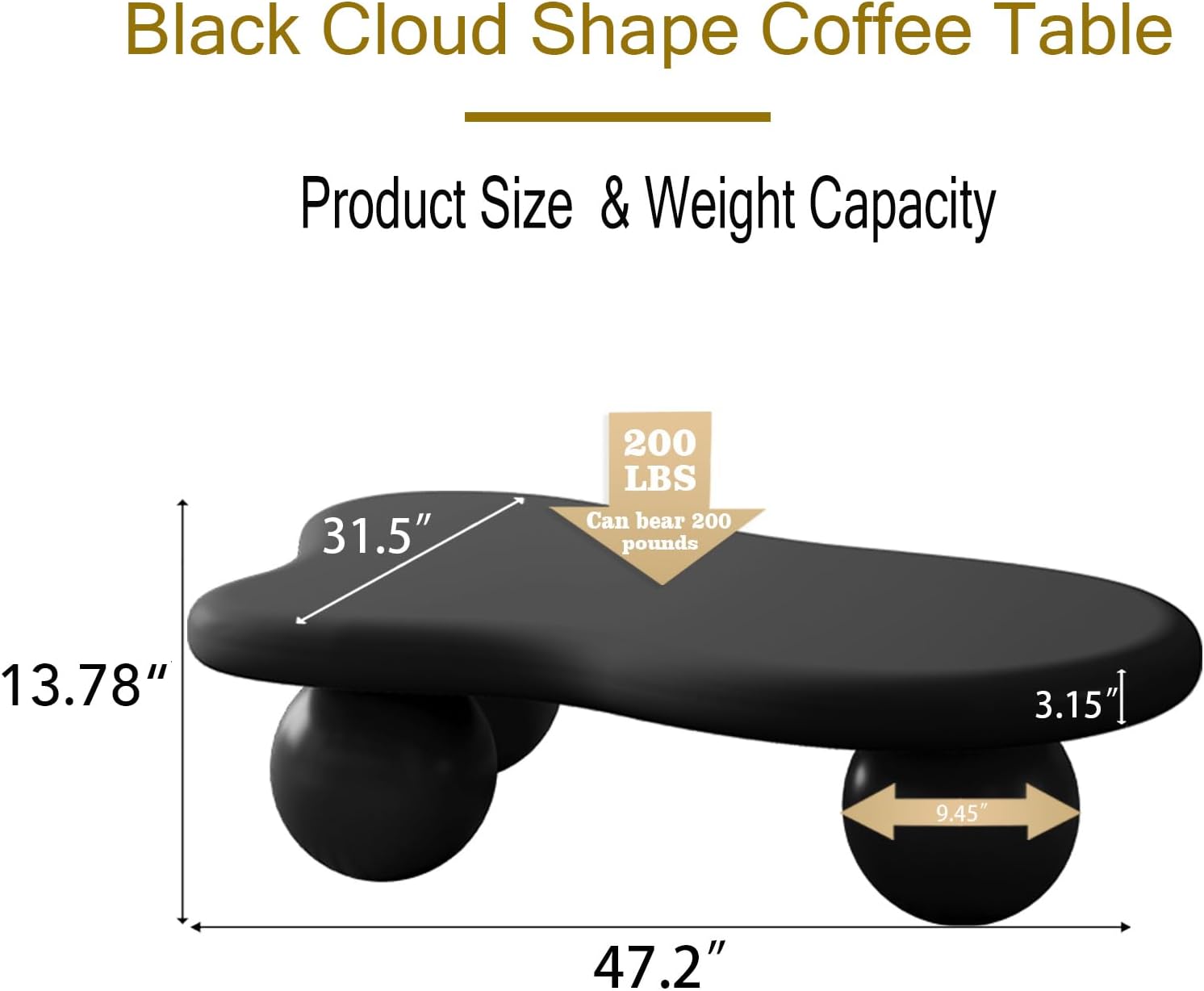 47' Modern Black Coffee Table Cloud Shape Low Center Table Cute Irregular Indoor Tea Table with 3 Ball Legs for Living Room Small Space