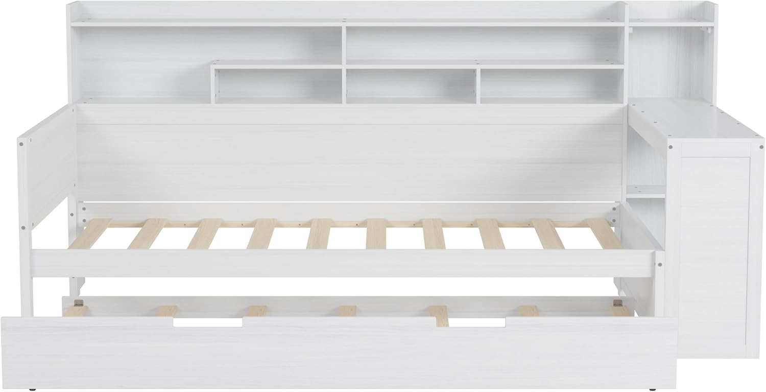 Bellemave Twin Corner Bed Frame with Storage Shelves and Desk, Wood Twin Size Daybed with Bookcase and Trundle, Antique White
