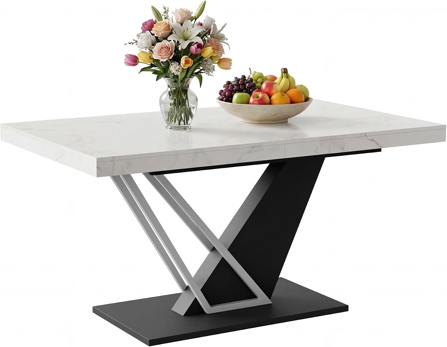 COSIEST 59'' to 78.7'' Extendable Dining Table for 4-8, Faux Marble Expandable Kitchen Table with Sturdy Metal Base, Rectangle Dinner Table for Small Space, Dining Room, Living Room, White