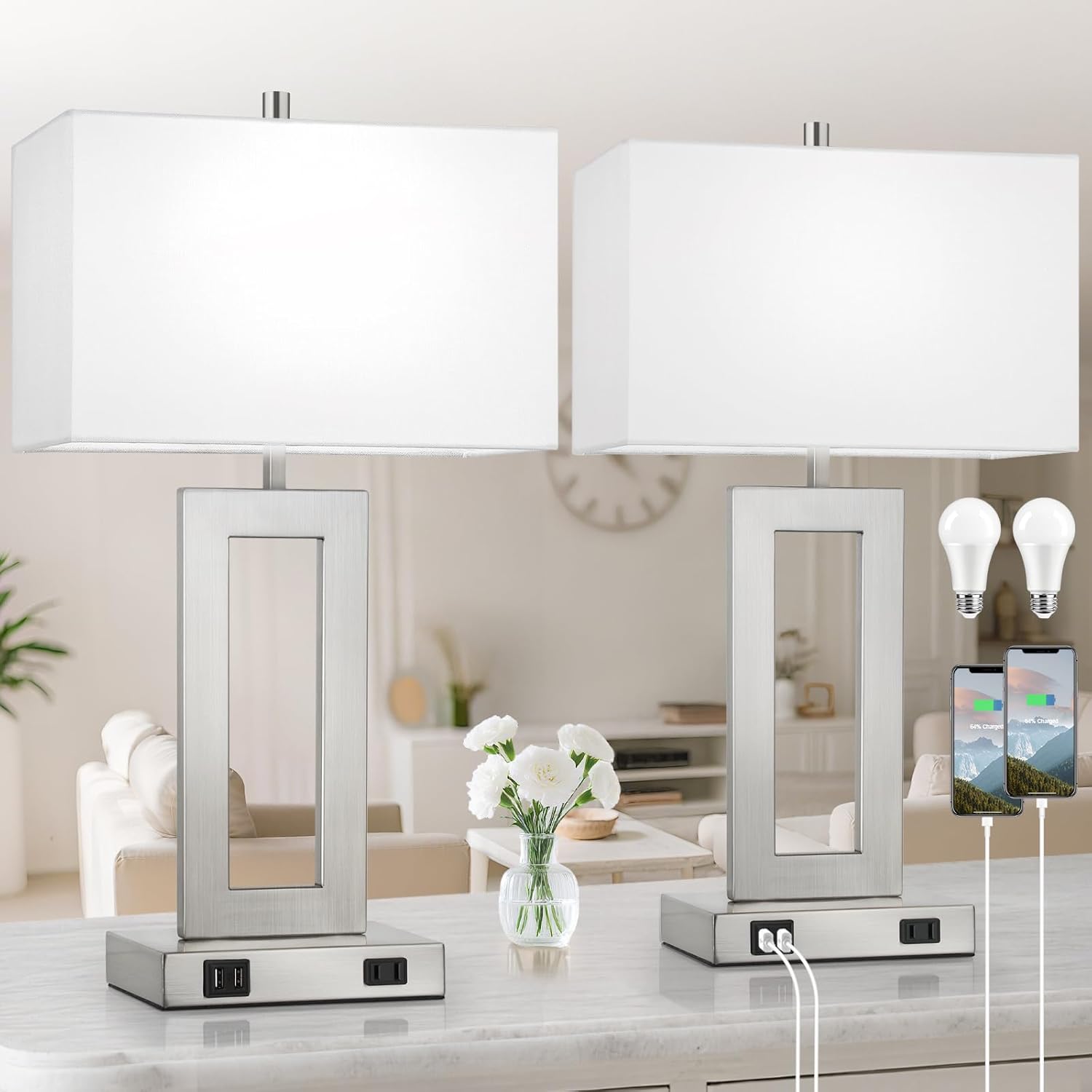 TOBUSA Modern Silver Table Lamps Set of 2, 28inch Tall Lamps for Living Room Bedroom with 2 USB Ports&AC Outlet, 3 Way Dimmable Touch Control Desk Lamps for Reading Home Office, 2 Bulbs Included