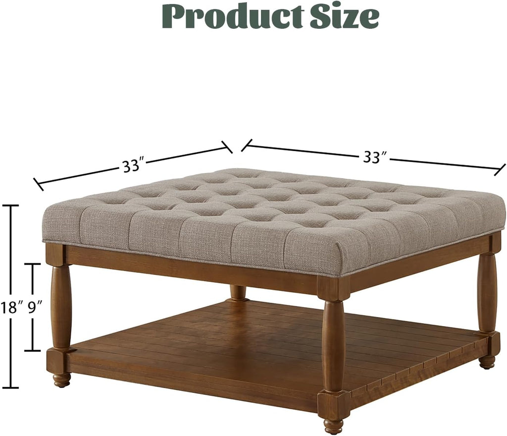 Ottoman Coffee Table, Upholstered Square Coffee Table with Storage Solid Wood Shelf, Linen Large Footrest Ottoman Pouf for Living Room, Linen
