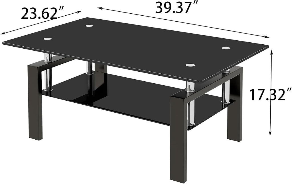 Glass Coffee Table for Living Room, Mordern Rectangle Tempered Glass Sofa Center Tables with Black Metal Leg for Home Office, Black