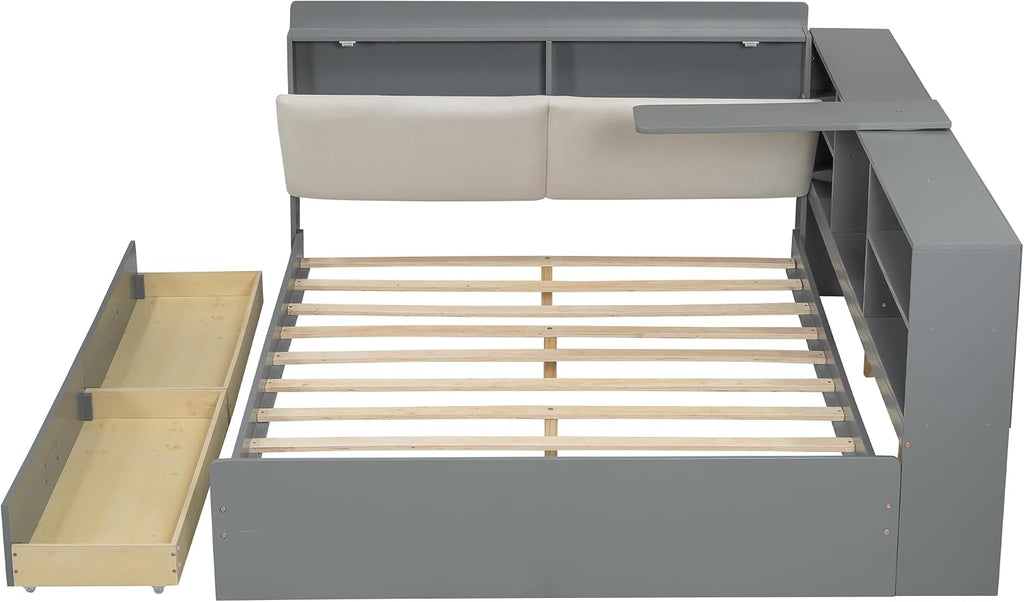 Full Daybed with Storage Headboard, Corner Platform Bed with Shelves, Storage Board and 2 Drawers, Solid Wooden Slats Support, Gray