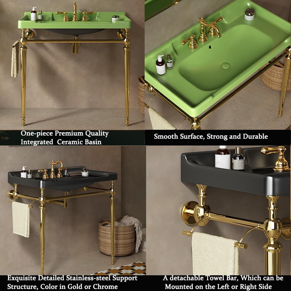 28' Bathroom Console Sink, Wall-Mounted White Ceramic Vanity Basin with 3 Pre-drilled Faucet Holes, Freestanding Gold Stainless Steel Support Legs with Towel Bar, No Faucet - Rome, Green