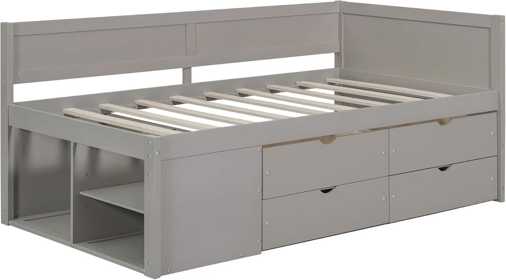 Twin Size Gray Daybed with Storage Drawers and Shelves,Wooden L-Shaped Corner Day Bed with Headboard & Bookcase for Boys,Girls,Small Room, Guest Room, kids'Room