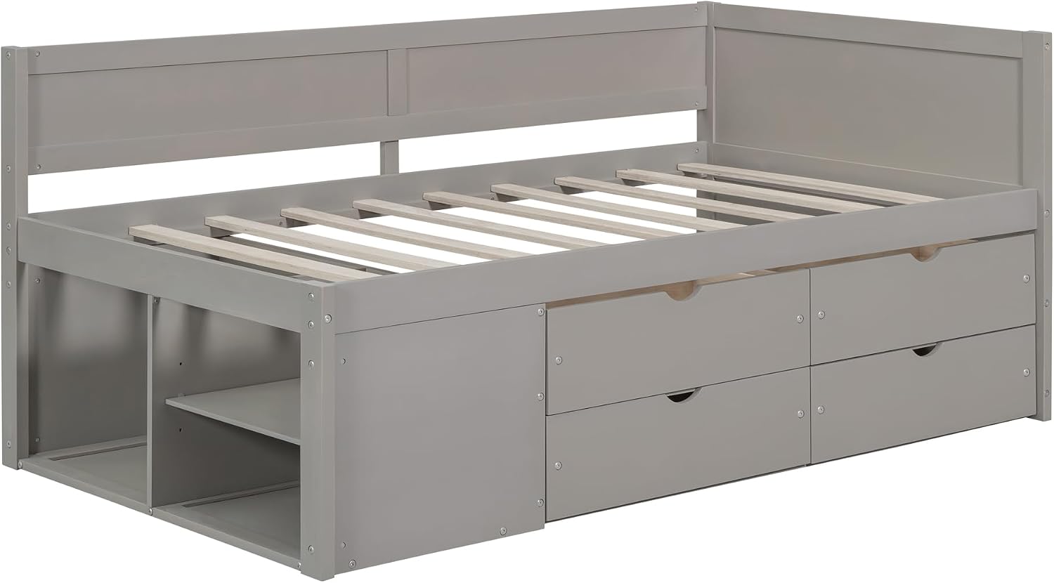 Twin Size Gray Daybed with Storage Drawers and Shelves,Wooden L-Shaped Corner Day Bed with Headboard & Bookcase for Boys,Girls,Small Room, Guest Room, kids'Room