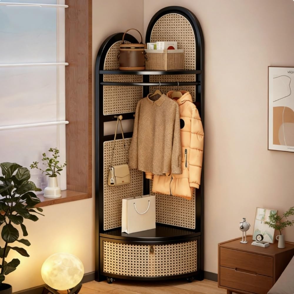 Corner Coat Rack with Shelves and Drawer, Wooden Tall Coat Rack with Shoe Storage for Clothes and Bags, Plastic Rattan Hall Tree with Shoe Storage for Bedroom(Black)