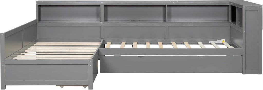 Merax Twin Size L-Shaped Platform Bed with Trundle, Corner Bed Frame with Charging Station, Storage Shelves, and Drawers, Wood Daybed for Bedroom, Guest Room,Grey