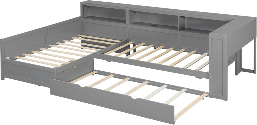 Merax Twin Size L-Shaped Platform Bed with Trundle, Corner Bed Frame with Charging Station, Storage Shelves, and Drawers, Wood Daybed for Bedroom, Guest Room,Grey