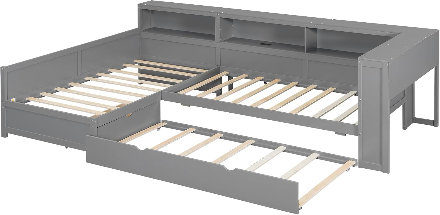 Merax Twin Size L-Shaped Platform Bed with Trundle, Corner Bed Frame with Charging Station, Storage Shelves, and Drawers, Wood Daybed for Bedroom, Guest Room,Grey