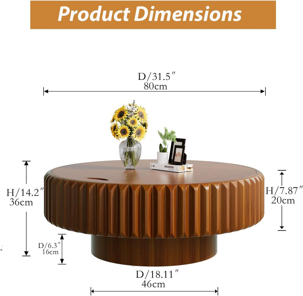 Drum Coffee Table with Hidden Storage, Modern Round Coffee Table for Living Room Circle Center Table with Solid Wood Fluted Veneered, Accent Tea Table for Small Space Apartment (Walnut 31.5 inch)