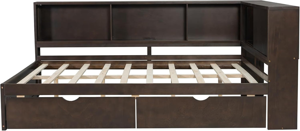 RuiSiSi Queen Size Daybed with L-Shape Bookshelf, Wood Corner Storage Bed Frame with Drawers and LED, Brown