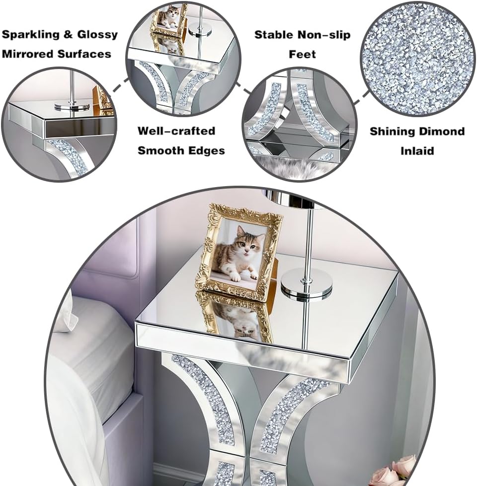 Crushed Diamond C-Shaped Mirrored End Table, Silver Side Accent Table, Small Mirrored Coffee Table for Living Room, Bedroom, 16'x12'x23'