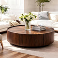SSLine 39.4-Inch Round Coffee Table with Storage Drawers,Fully Assembled Wooden Coffee Table with Solid Wood Veneered Mid-Century Modern Cocktail Center Tables for Living Room Office Apartment,Walnut
