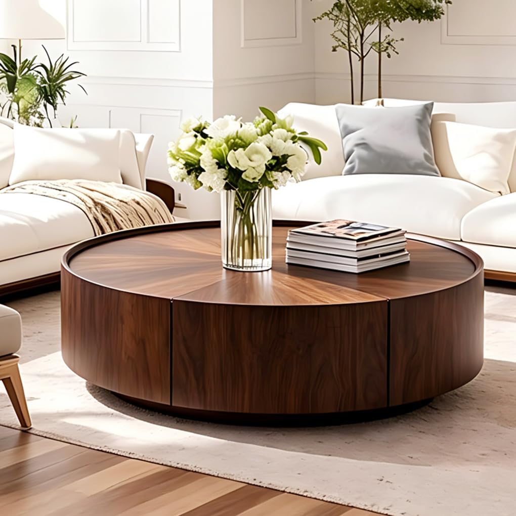 SSLine 39.4-Inch Round Coffee Table with Storage Drawers,Fully Assembled Wooden Coffee Table with Solid Wood Veneered Mid-Century Modern Cocktail Center Tables for Living Room Office Apartment,Walnut