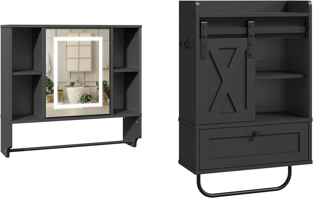 MAHANCRIS Bathroom Wall Cabinet with Mirror and Farmhouse Medicine Cabinets with Sliding Door Bundle, Wall Mounted Storage Cabinet with Adjustable Shelf and Towel Bar for Bathroom Black, WC2201-WC3601