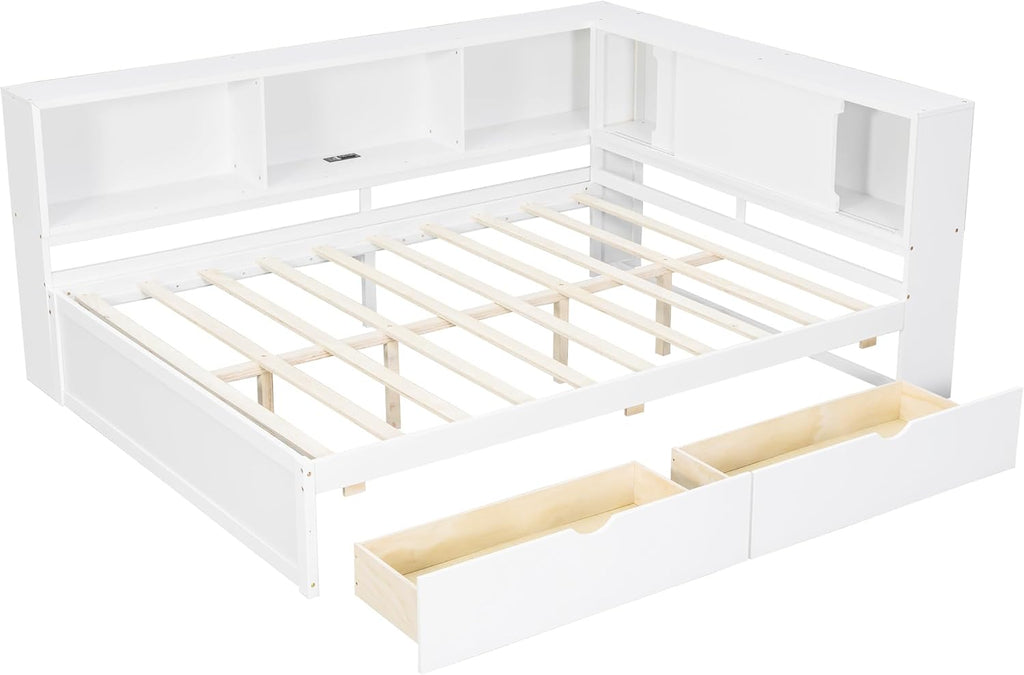 RuiSiSi Queen Size L-Shaped Daybed Frame with Drawers and LED Lights, Corner Day Bed with Storage Bookcase and Charging Station for Living Room or Guestroom, White